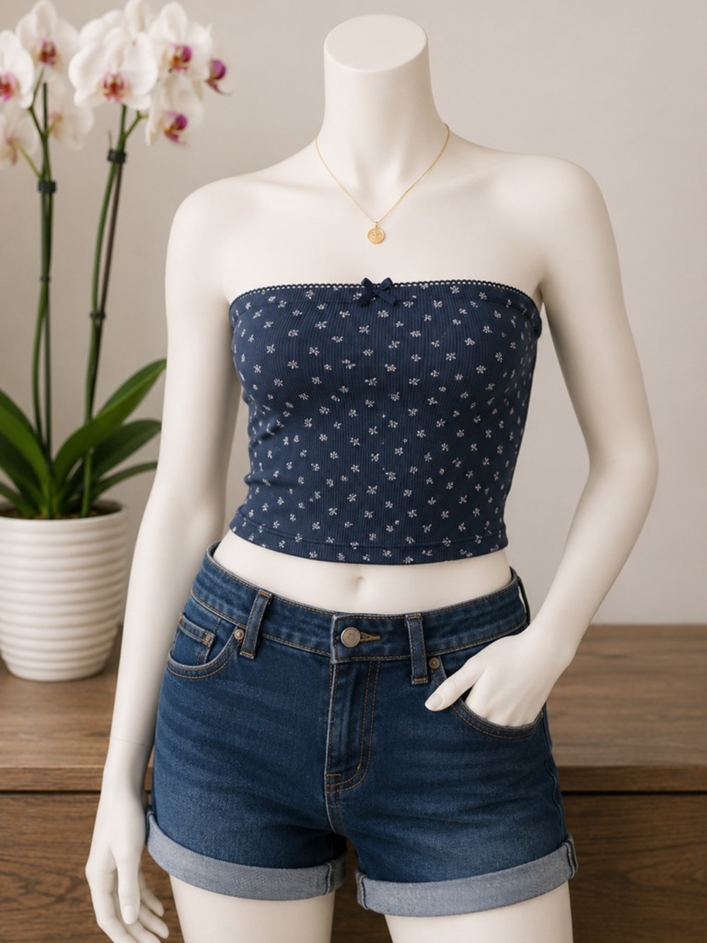 Women’s Navy Floral Ribbed Strapless Crop Top XL NEW
